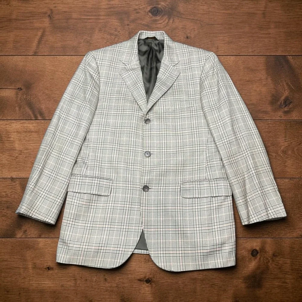Vintage Southwick Mens 40R Blazer Glen Plaid Sport Coat Grey Tan Pink Made USA